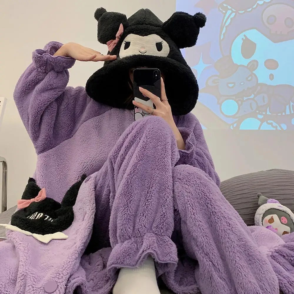 

Sanrio Kawaii Kuromi женский плюшевый пижамный комплект из 2 предметов, осенне-зимний утепленный домашний костюм с капюшоном, теплый милый спальный халат для девочек, брюки