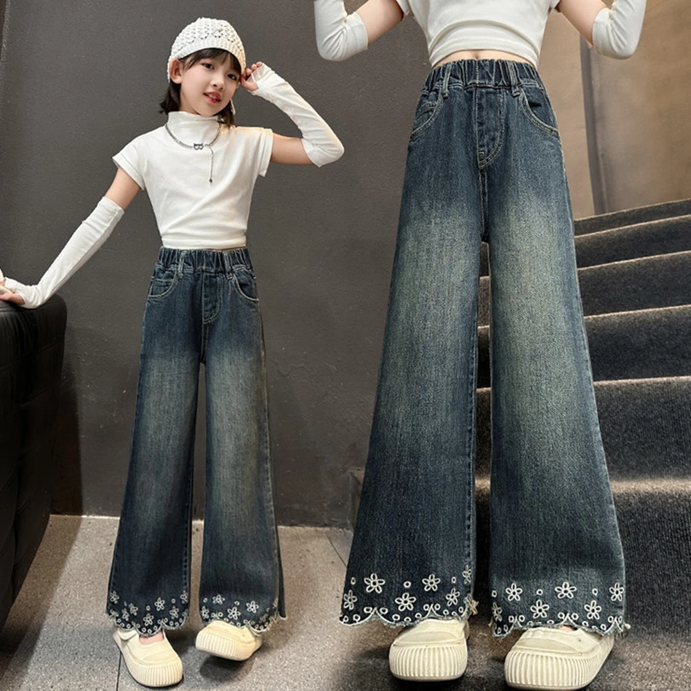 

Girls' Jeans fairy Straight Tube Loose Lace Wide Leg Denim Pants Spring Autumn New Fashion Teenage Children's Pearl Flower Jeans