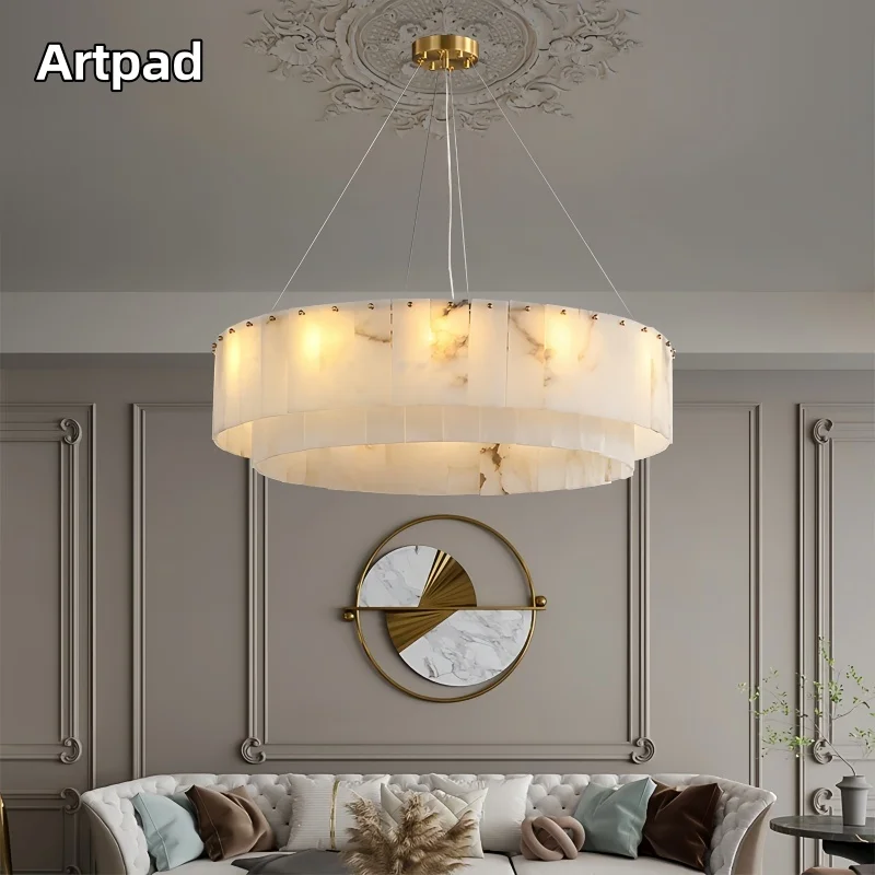 

Round Natural Marble Pendant Lights Nordic Alabaster Chandeliers for Villa Living Dining Room Study Bedroom Indoor Lighting