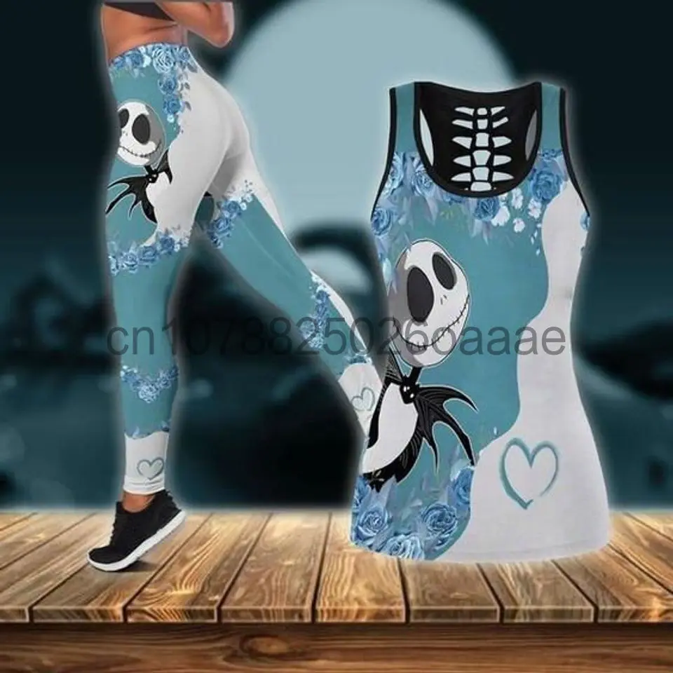 Disney The Nightmare Before Christmas Jack Skellington Sally Womens Hollow Tank Top Leggings Yoga Set Fitness Leggings Tracksuit