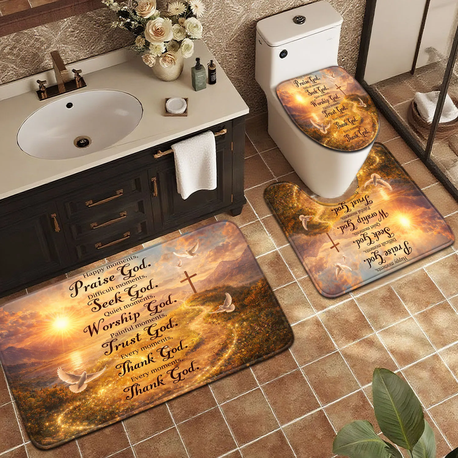 Home Decor Christian Bath Mat Set Religious Bathroom Rug Anti Slip Toilet Mat for Bathroom Accessories