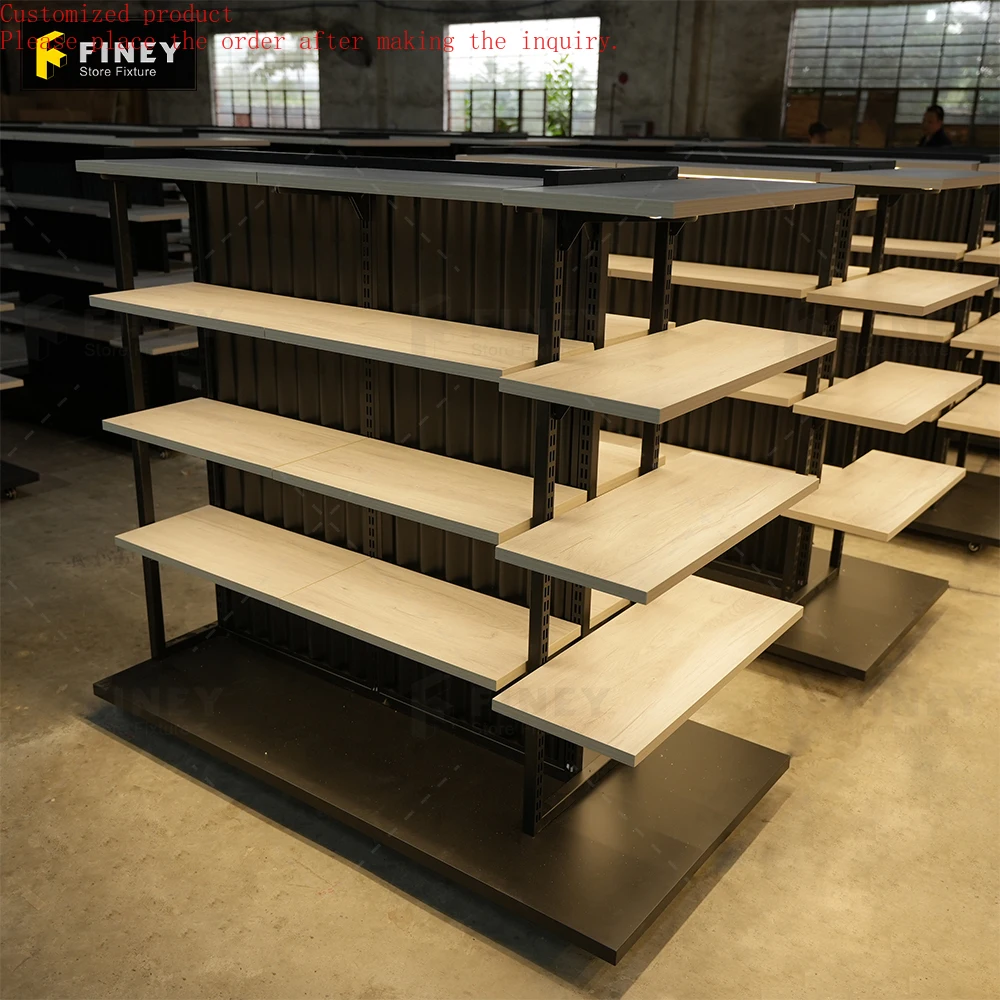 

Custom.Customized Wholesale Double Sided Metal Supermarket Shelf LED Display Gondola Wood Supermarket Display Rack