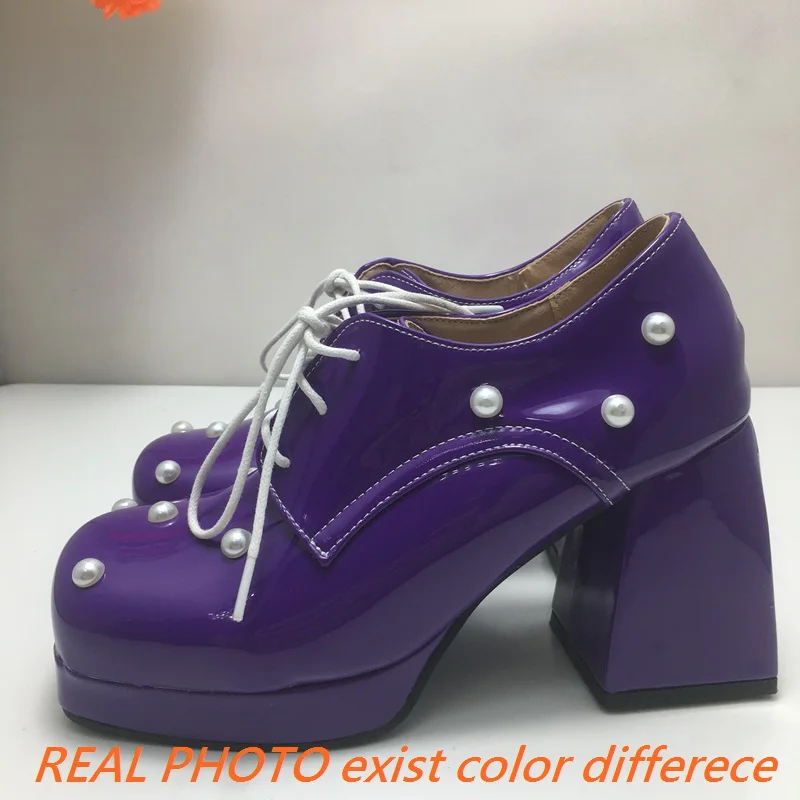 REAVE CAT Female Pumps Toe Chunky High Heels 9.5cm Platform 2cm Lace Up Beads Size 47 48 Fashion Daily Women Shoes