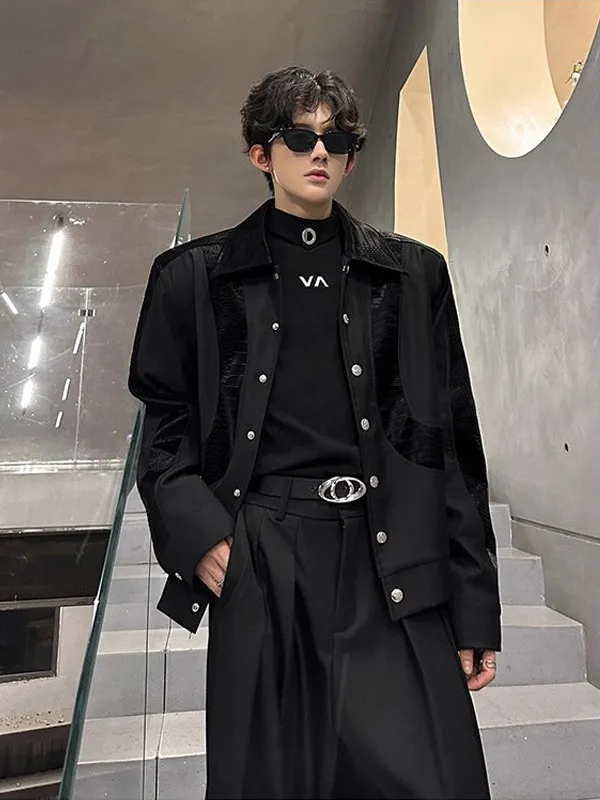 

TANGZ Studio Men's Leather Jaet Quilted Collar Design Faionable Retro Sle Polyester Fabric Long Sve Outerwear