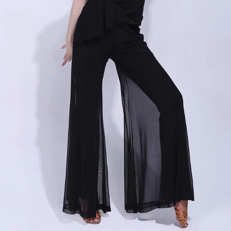 

Женские сетчатые брюки для современных танцев, брюки, новая одежда для латинских социальных танцев, костюм с высокой талией, широкая тренировочная одежда