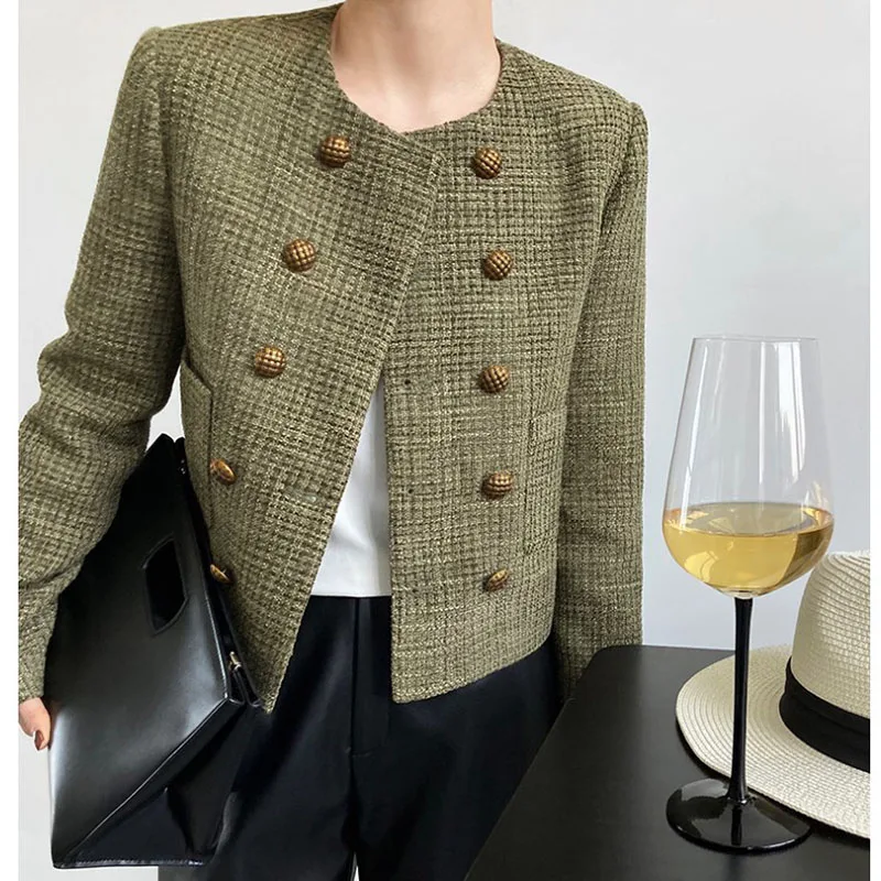 

Chic Korean Tweed Jacket Women Spring Autumn Elegant Long Sleeve Green Black Coat Outerwear Chaqueta Mujer
