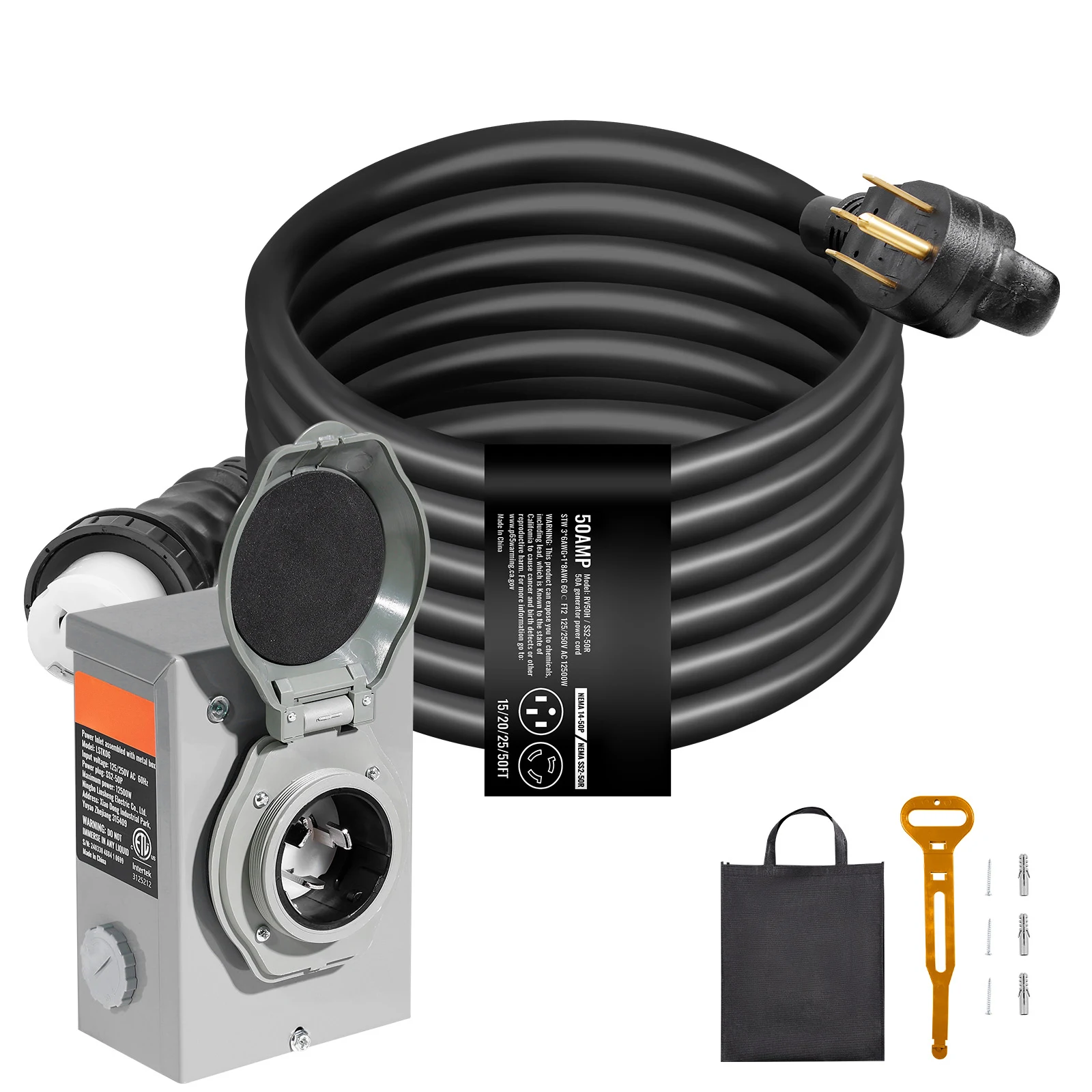 SucceBuy 50Amp Generator Cord & Power Inlet Box Kit NEMA 14-50P/SS2-50R STW 6/3+8/1 AWG Power Cord with Lock Connector for RV