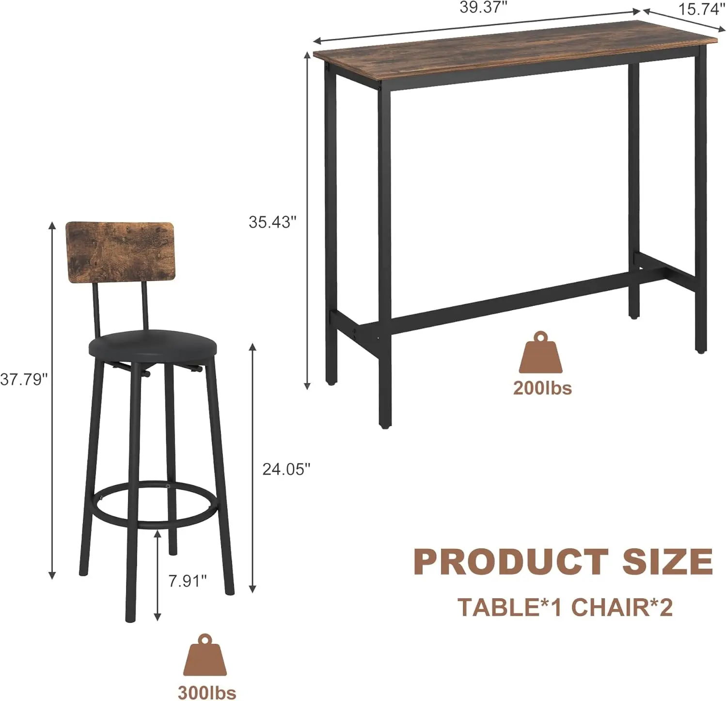 

Bar Table and Chairs Set, Counter Height Dining Table & 2 PU Upholstered Stools with Backrest, Industrial 3 Piece Breakfast Bar