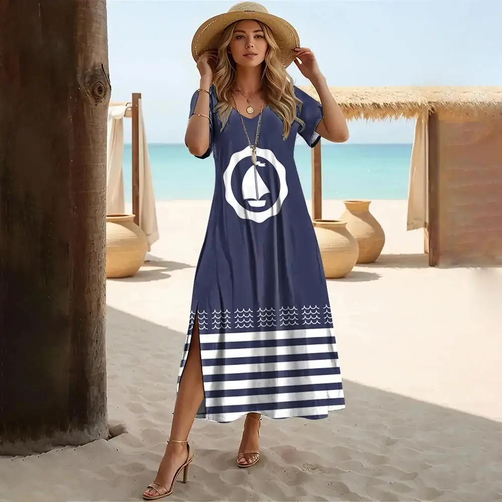 Anchor stampato scollo a v abiti da donna semplicità Streaks abbigliamento elegante spacco estivo maniche corte abito lungo 2024 vendita calda