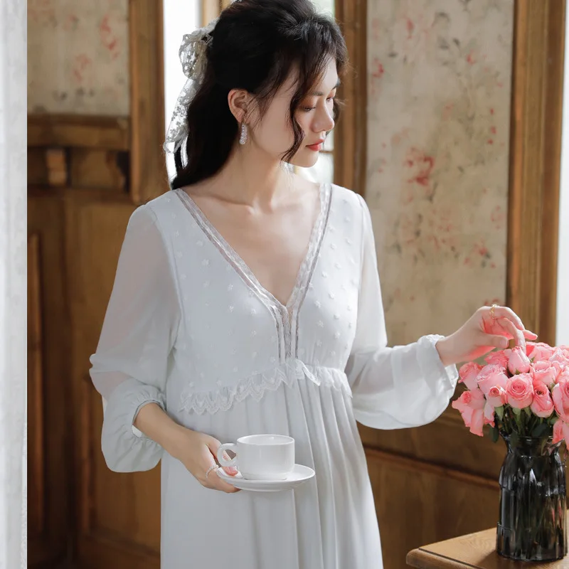 

Long Sleeve Mesh Fairy Nightgown Women's Cotton Princess Pajamas Sweet Loose Nightgowns Sleepwear Home Clothes Night Clothes