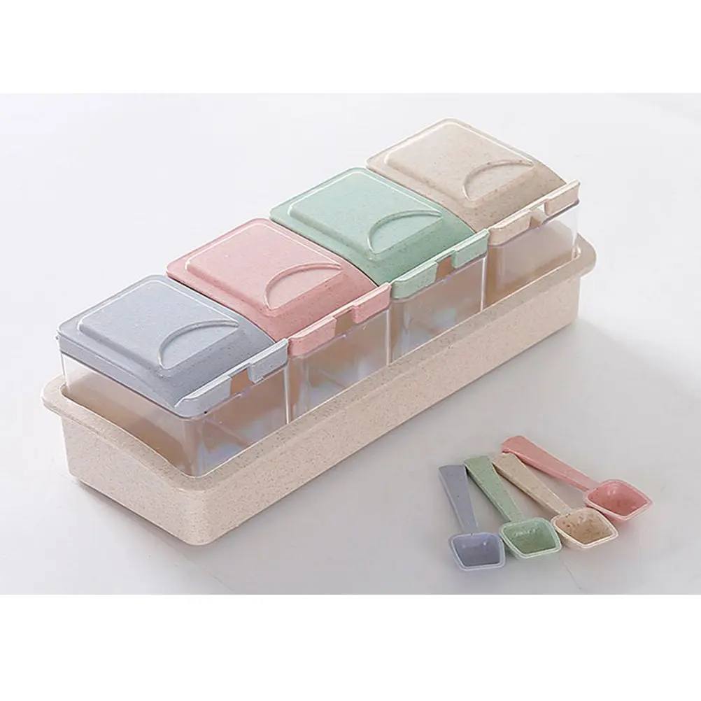 Wheat Straw 4-Compartment Seasoning Storage Box Food Grade Eco Friendly Spice Jar with Spoon for Salt Sugar Pepper Curry Mustard