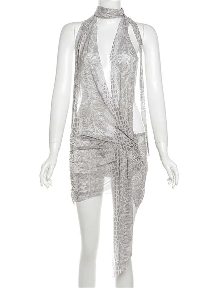 Whatiwear Serpentine Print Jurk Dames Sexy See Through Onregelmatige Halter Backless Ruches Kwastje Vakantie Strand Feestoutfits