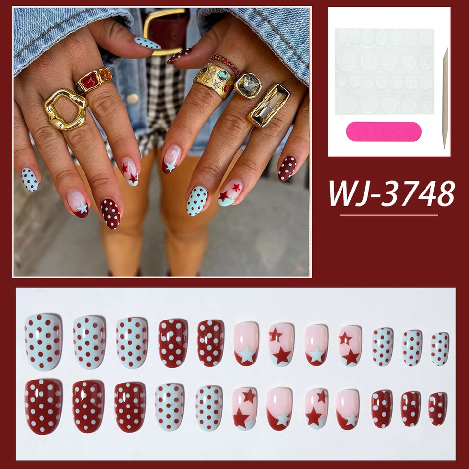 24 piezas uñas postizas ovaladas con estrellas y lunares, material acrílico, incluye 1 gel y 1 lima 6