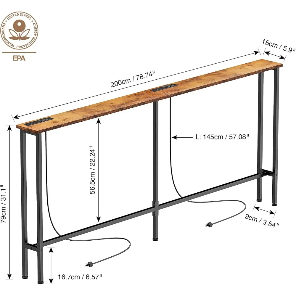 78 Narrow Console Sofa Table - 2 Power Outlets & 4 USB Ports, Metal Frame, Rustic Brown, Perfect for Hallway, Office, and Behind