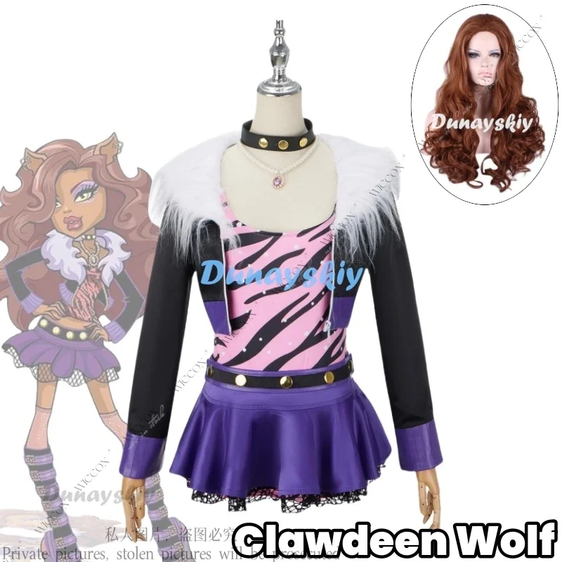 

Clawdeen Wolf Monster Cosplay Costume Wig for Womens Halloween Carnival Roleplay Uniform Pearl Necklace Skirt High Sexy Party