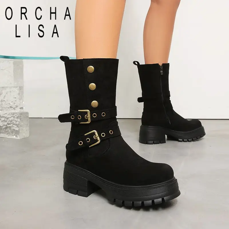 ORCHA LISA Tall Boots Circular Front 6cm Thick Elevated Heel 3cm Raised Sole Zip Equestrian Oversized Fit 41 42 43