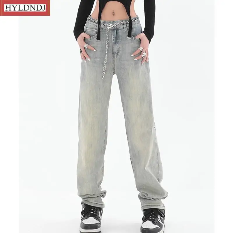 Light Blue Women Jeans Vintage High Waist American Streetwear Straight Baggy Trouser Fashion Casual Autumn Wide Leg Denim Pants