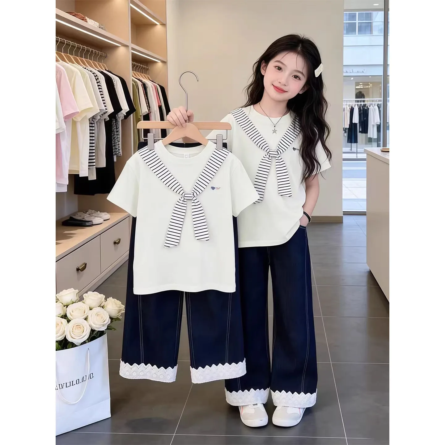 

2026 New Summer Girls Korean Style Fashion Two Piece Set Elegant Casual Loose Summer Outfit For Middle And Older Kids Trendy