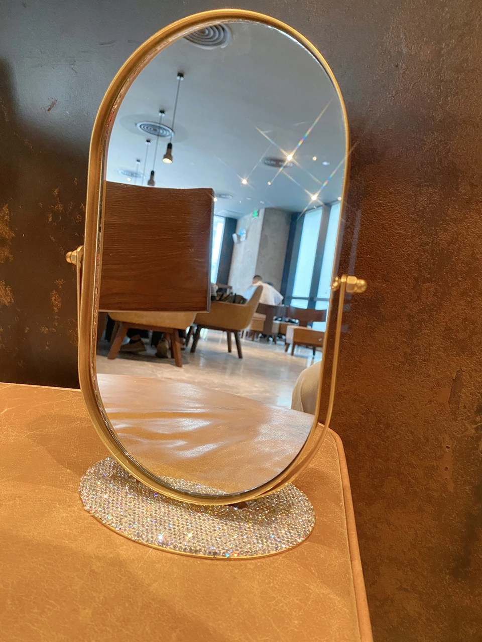 Rotatable Oval HD Makeup Mirror with Rhinestones Diamond Dressing Table Metal Standing Bathroom Dormitory Beauty Cosmetic