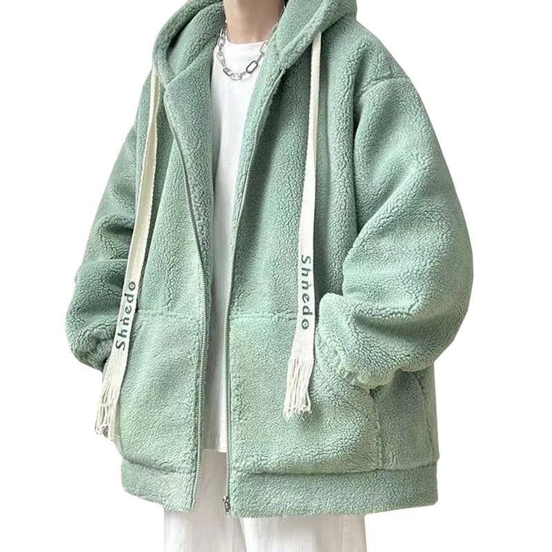 Fashion Bean Green Thick Drawcord Loose Coat Winter Men Hoodie Letter Shnedo Sweatshirt Long Sleeve Pullover Lamb Wool Male New