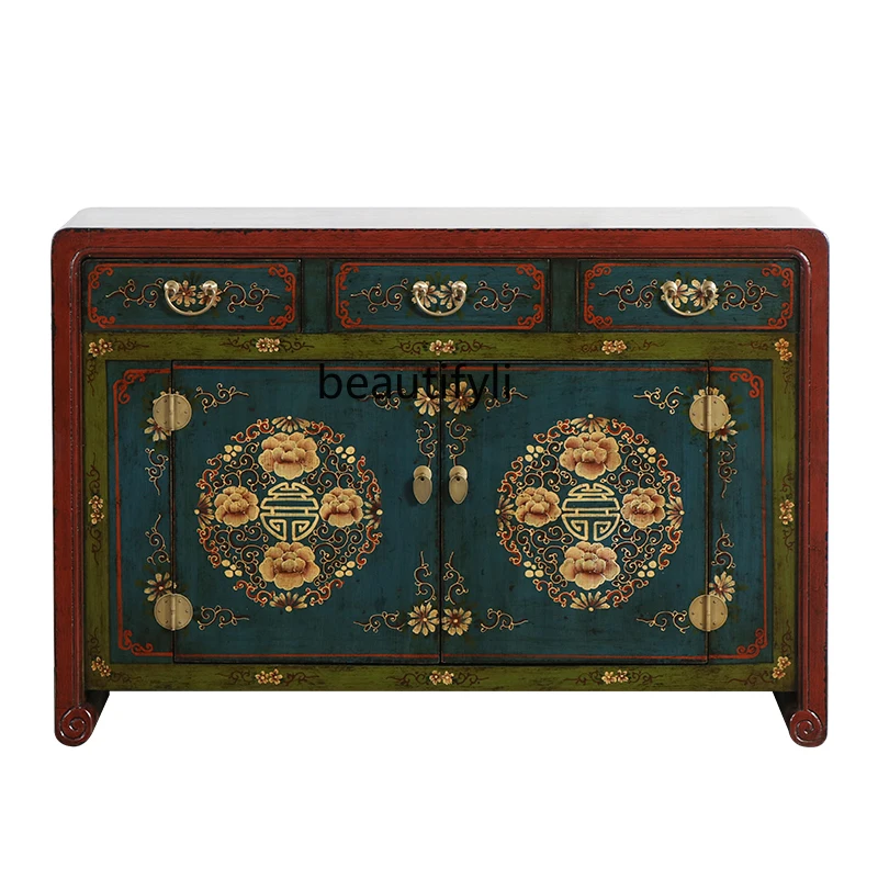 

New Chinese solid wood painted dining side cabinet old classical entrance cabinet antique storage shoe cabinet