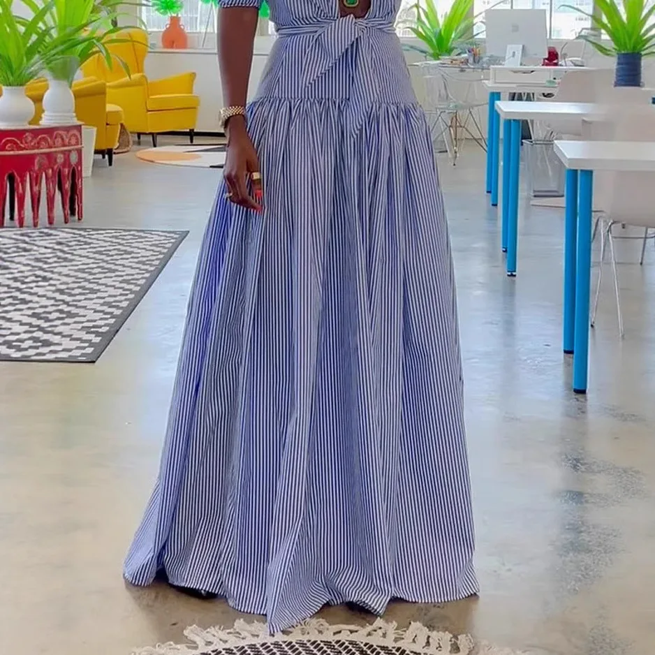 Casual Striped Women Long Dress Fashion Midi Sundress Vacation Outfit 2025 Summer Lapel Single Breasted Short Sleeve Shirt Robes