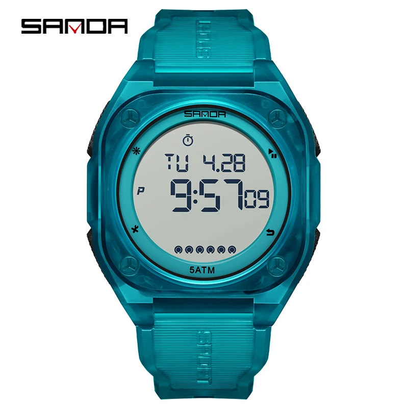 SANDA 6303 الرياضة في الهواء الطلق موضة الساعات الإلكترونية للرجل التقويم مضيئة مقاوم للماء سيليكون حزام الرجال ساعة رقمية