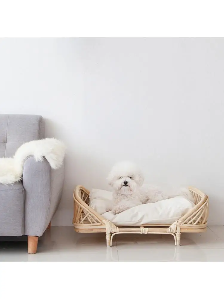 Real Rattan Square Pet Bed, Detachable, Hand-woven Dog Nest, Universal, Simple, Four Seasons