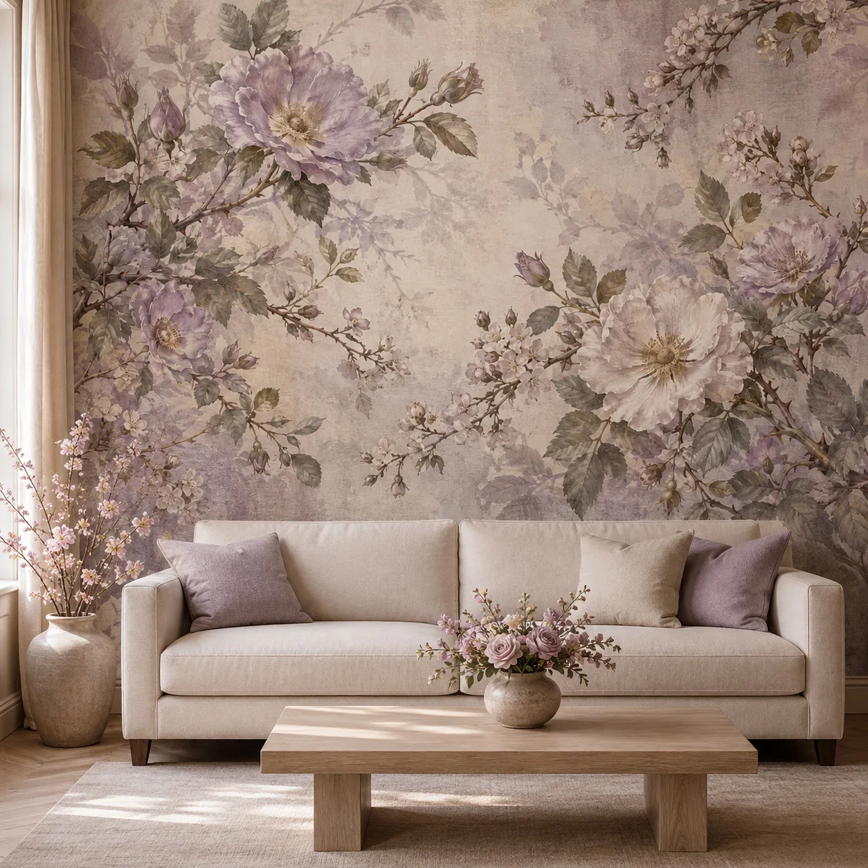 Vintage Purple Floral Wallpaper Mural Beige Lilac Botanical Wall Art Living Room Bedroom Decor Non Self Adhesive Glue Required