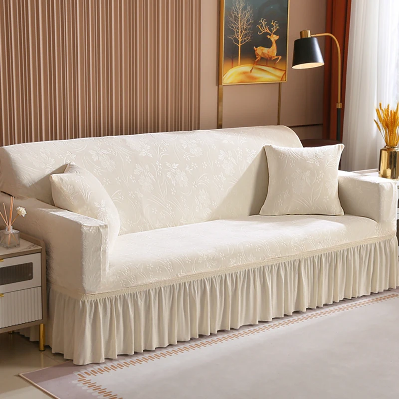 

Elegant Stretchable Sofa Cover with Skirt for 1/2/3/4 Seater Soft Velvet Non-Slip Elastic Luxury Solid Color