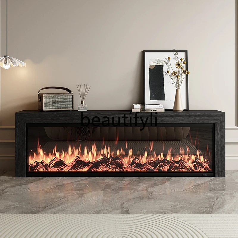 

Light luxury TV cabinet black oak simple fireplace cabinet simulation thermal power fireplace decoration