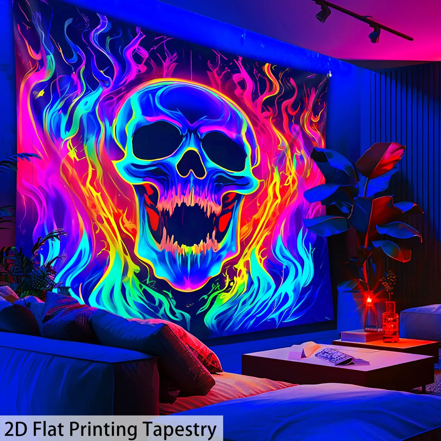 VIKAMA Flaming Skull Tapestry Print Gaming Bedroom Music Bar Unique Living Room Feature Wall Room Decor