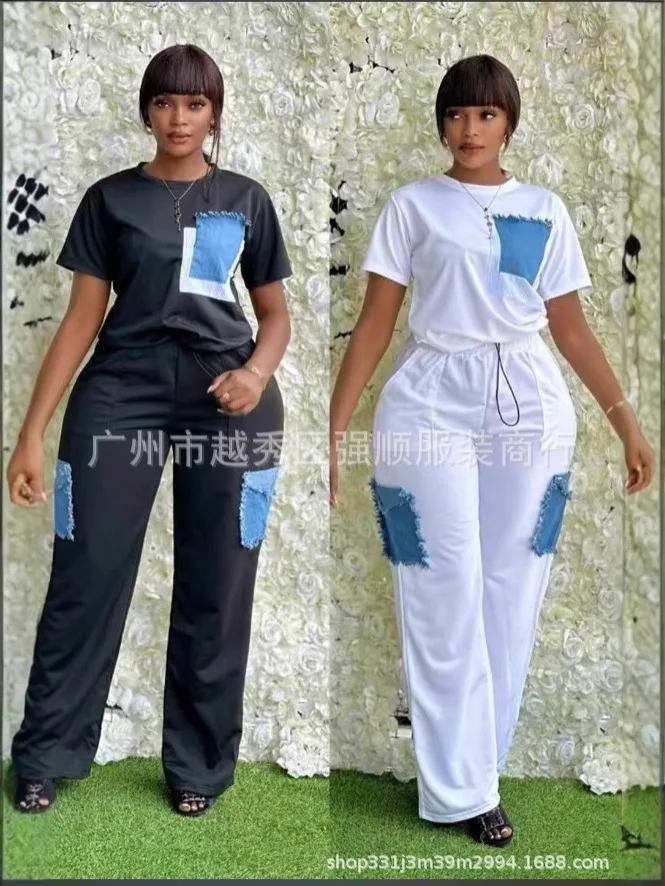 2 Piece Women Set Dashiki Denim African Clothes Summer New Fashion Short Sleeve Top And Pants Suit Party Lady Matching Sets