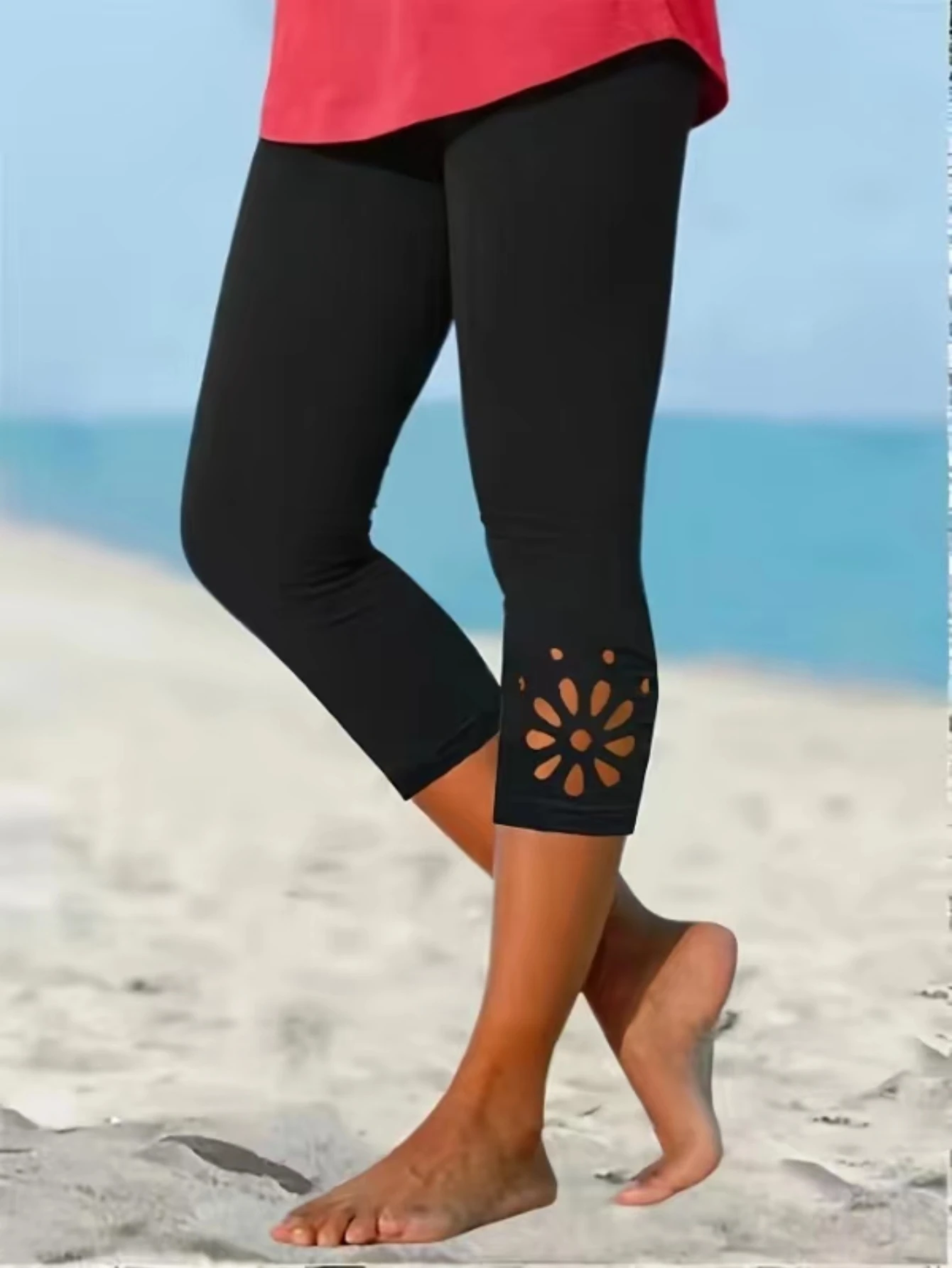 Women s sportswear leggings solid color cropped pants with flowers on the legs