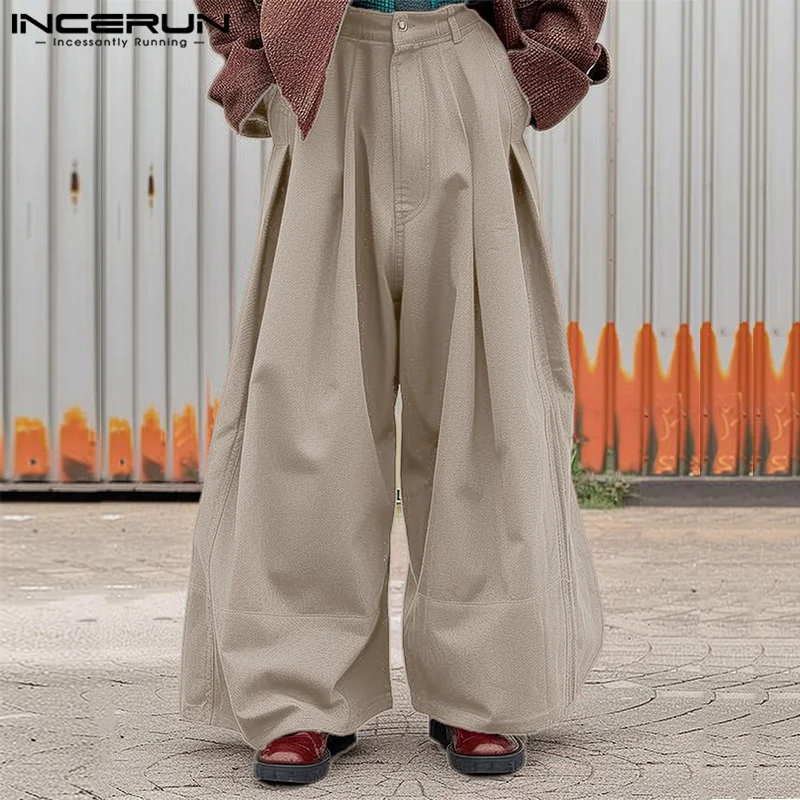 INCERUN Men Wide Leg Pants Solid Color Button Loose Joggers Casual Trousers Men Streetwear 2024 Fashion Leisure Long Pants S-5XL