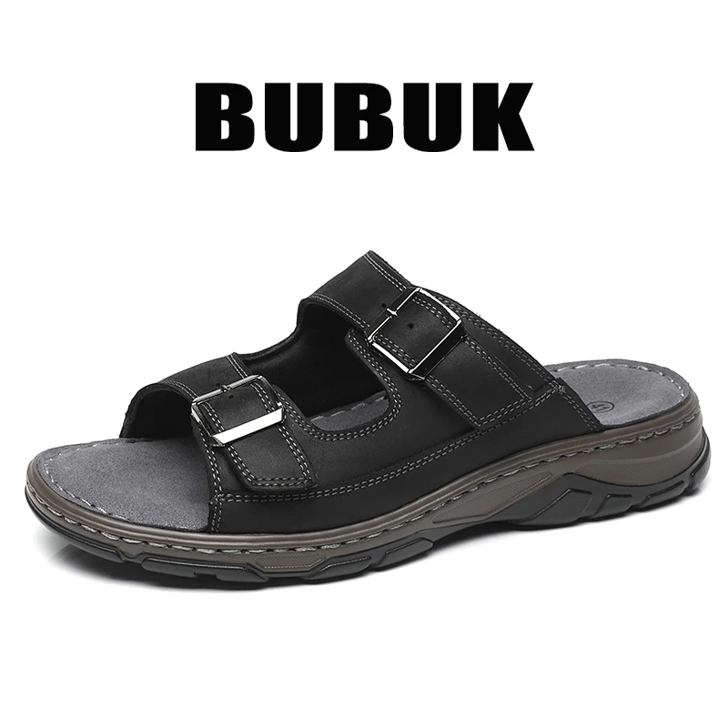 Bubuk Men's First Layer Cowhide Sports Slippers, Slip-On Outdoor Beach Sandals with Arch Support, Breathable Summer Outdoor Shoes for Men, Suitable for Travel, Hiking, and Commuting