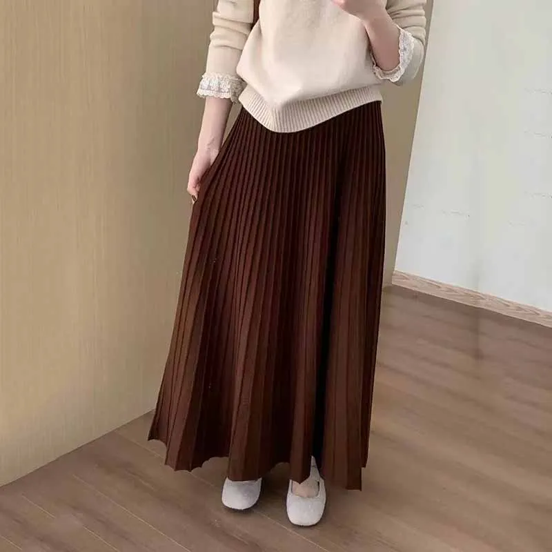 

women gray Striped Knitted Skirts Elastic Waist All-Match Temperament Maxi Skirt Woman autumn winter Solid Simple A-Line Skirts