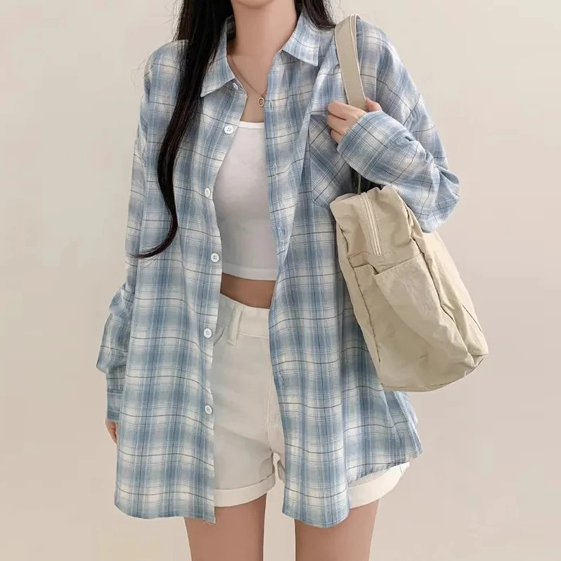 

Fresh Plaid Woman 2025 Shirts & Blouses New Loose Lazy Blusas Mujer Sweet All-match Ropa Single Breasted Clothing Camisas