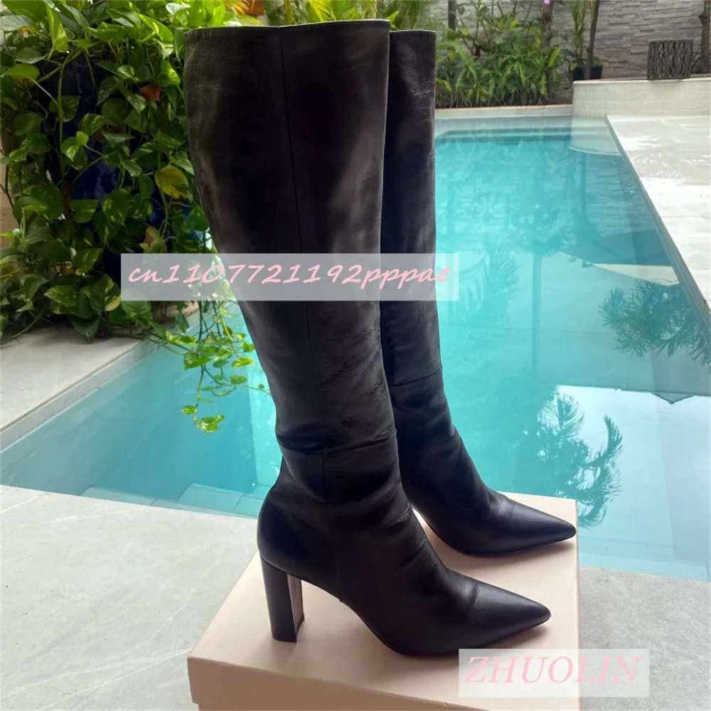 

Черные сапоги до колена на блочном каблуке, зимние прямые сапоги с острым носком и боковой молнией, простые тонкие женские сапоги большого размера, Zapatos Mujer 46