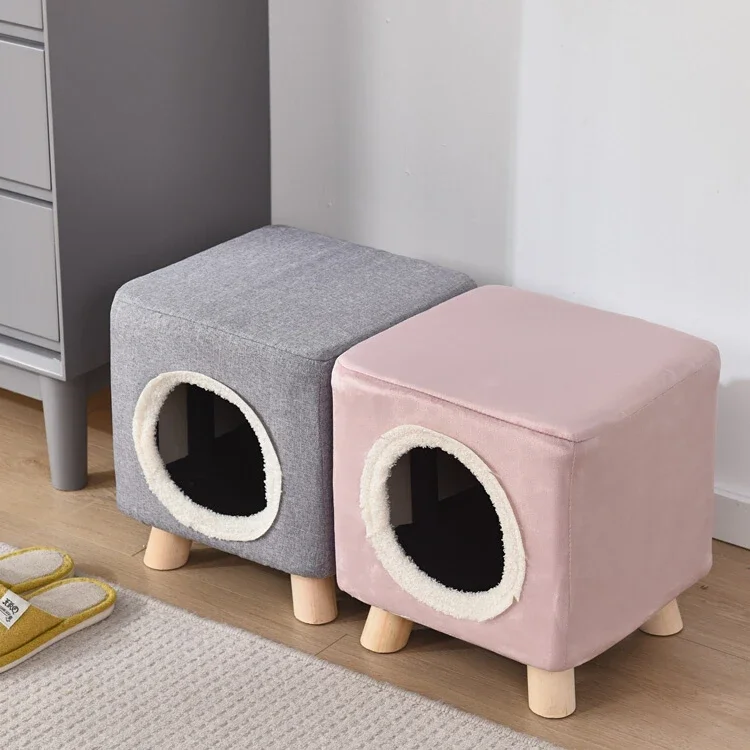 Solid Wood Cat Nest Stool, Shared By Humans and Cats Enclosed Multi Cat Small Kitten House Warm All Season and Winter