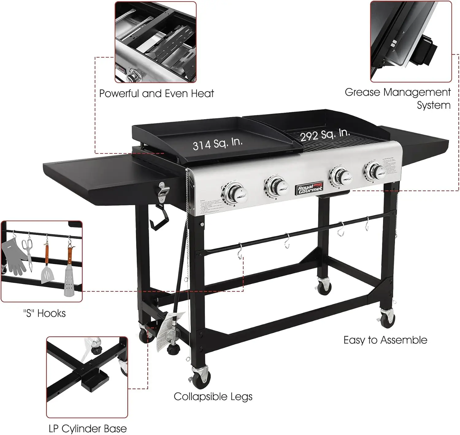 Royal Gourmet griglia a Gas portatile a 4 fuochi e piastra combinata con coperchio, 48,000, griglia a propano combinata per