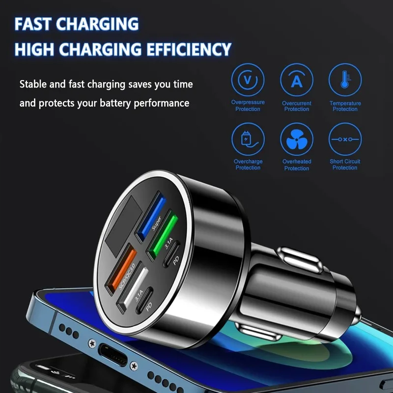 100W Car Charger Fast Charging Type C Adapter in Car PD QC3.0 USB C Car Phone Charger, with Voltage Display, for iPhone Samsung