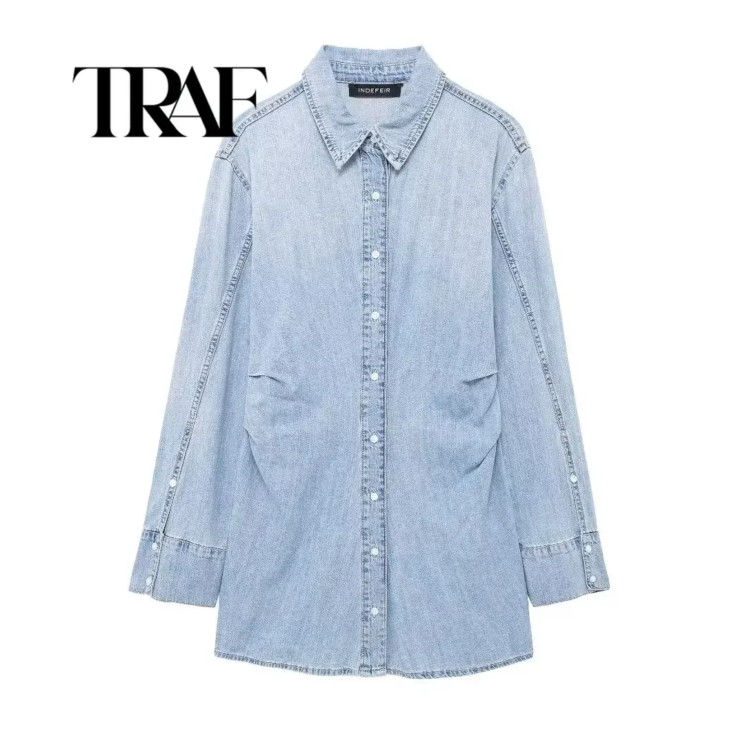 TRAF 2024 Spring Autumn Blue Denim Shirt Dress Lady Casual Clothing Long Sleeve Length Dresses For Women ﻿