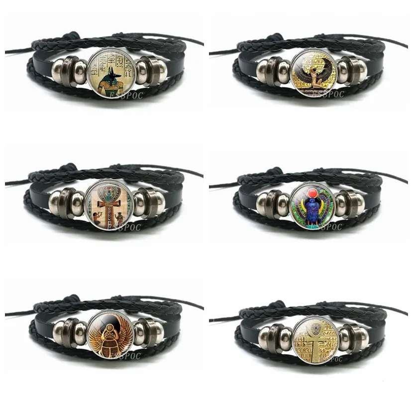 Retro Egyptian Cross Popular Accessories Glass Pendant Bracelet Anubis Scarab Multilayer Black Leather Bracelet