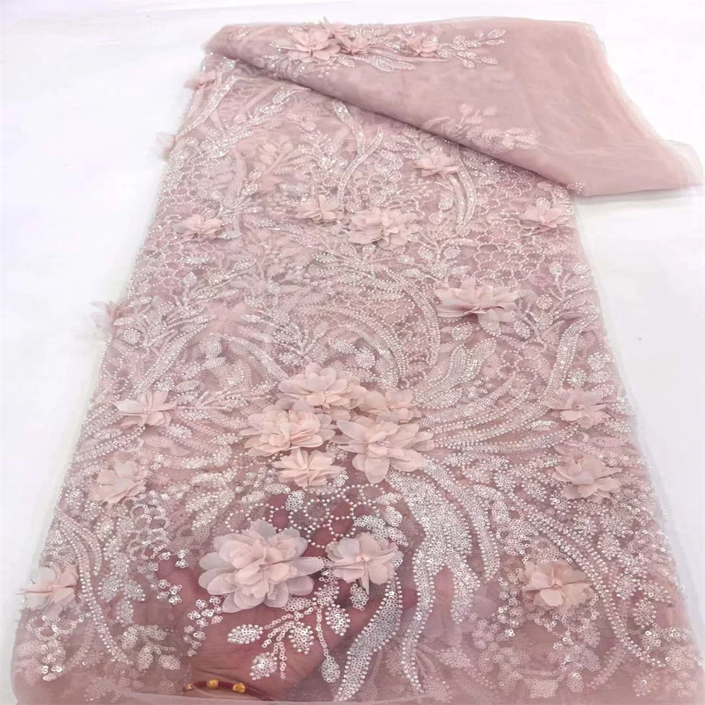 2024 Newest African 3D Flower Sequins Beaded Tulle Lace Fabric Embroidered Lace Applique Nigerian Fabric For Bridal Sewing Dress