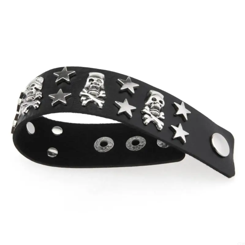Skull Star Statement Wrist Bangle with Adjustable Closure, Wide Punk Bracelet for Parties and Streetwear Looks