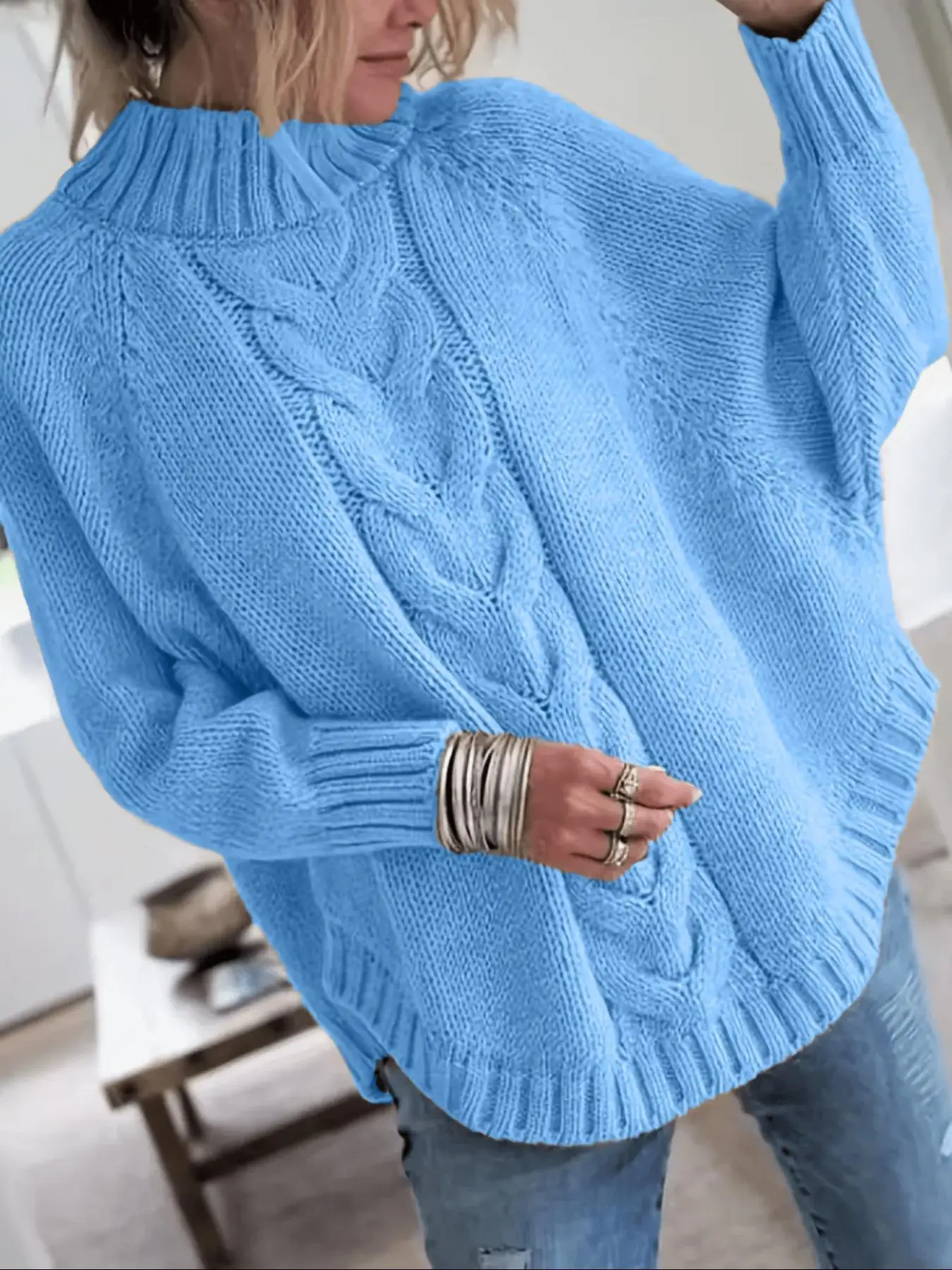 Damen Übergröße Lässiger Pullover mit Fledermausärmeln (Herbst/Winter) – Detail 14