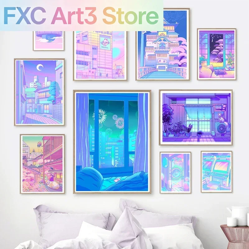 Frameless 80s Vaporwave Style Wall Art Poster City Night Street Cat Canvas Painting Print Home Decoration Kawaii Room Decor Canv