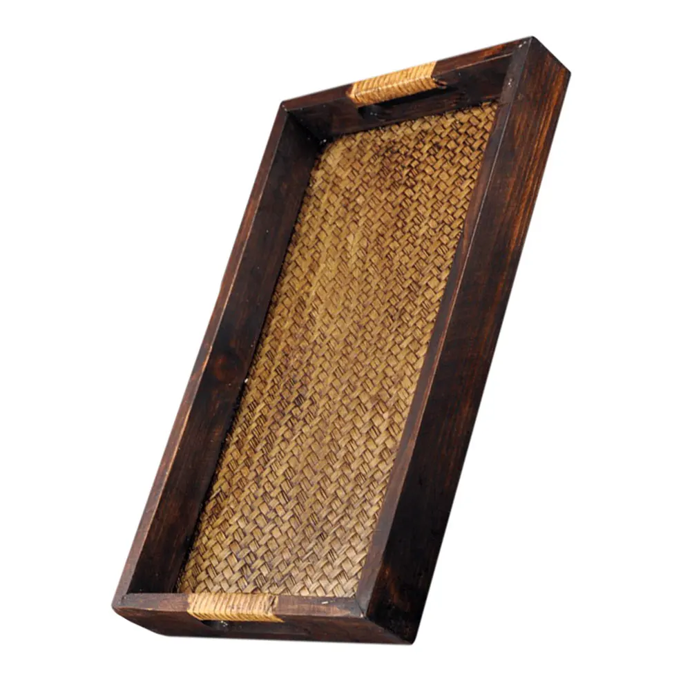 

Rustic Wooden Tray Bamboo Weaving Tea Cup Storage SPA Salon Kitchen Coffee Table Skid Resistant Handcrafted Solid Wood