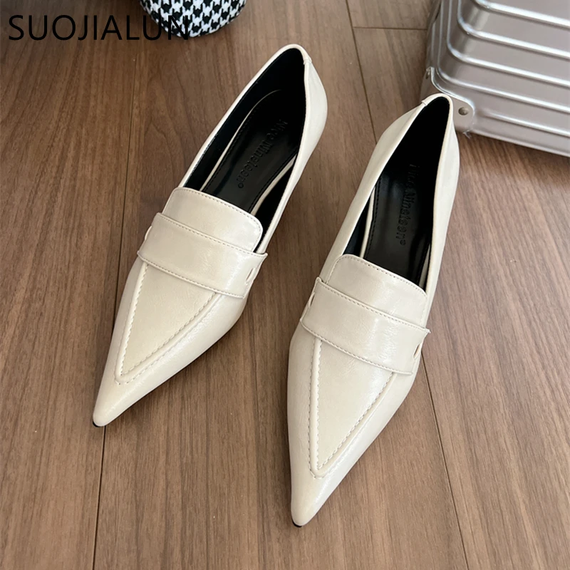 SUOJIALUN-zapatos de tacón bajo para mujer, calzado elegante con punta estrecha, sin cordones, para vestir, Otoño, 2023